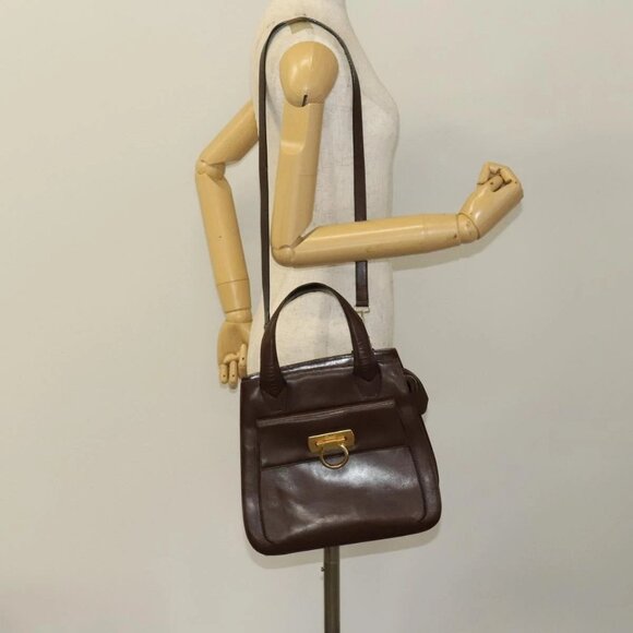 Salvatore Ferragamo Gancini Hand Bag Leather 2way Brown Gold Auth - Picture 1 of 16